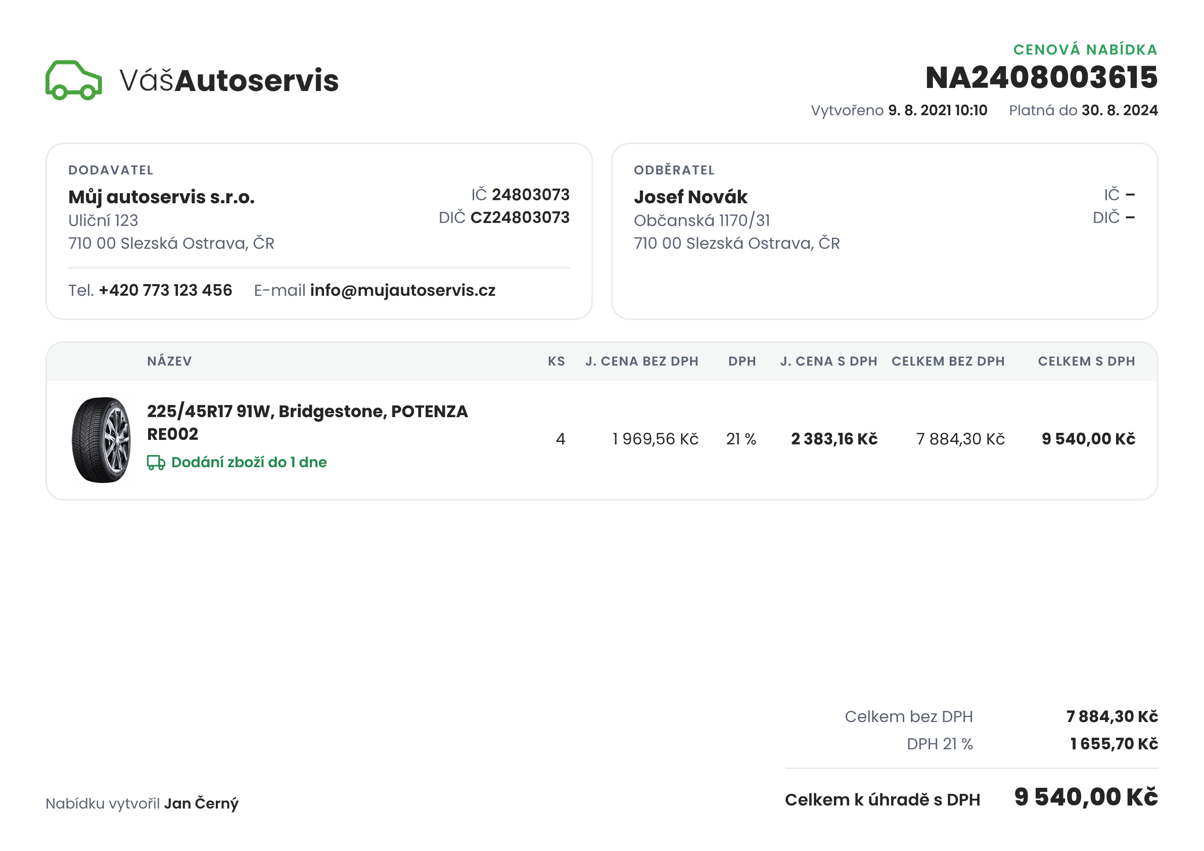 Vygenerovaná cenová nabídka v portálu PneuB2B